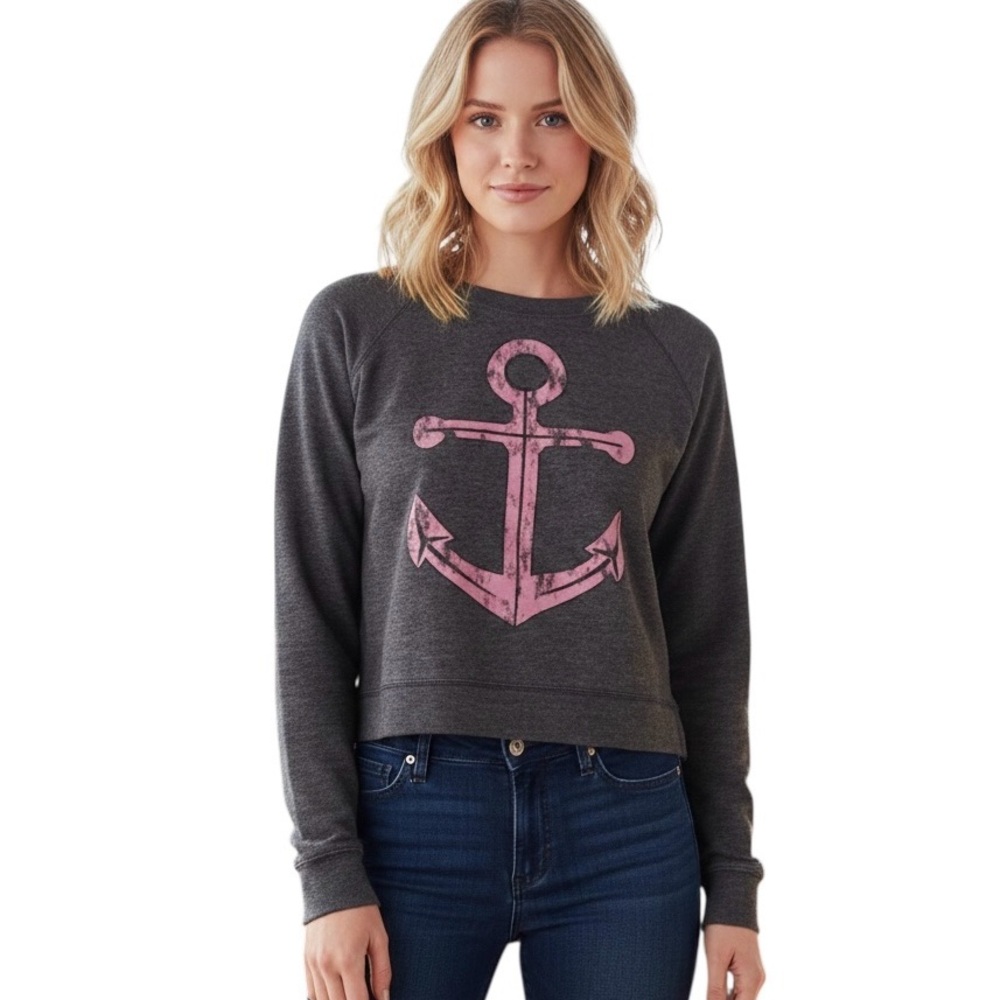 Coastal Cropped Sweatshirt Anchor Navy Blue Pink High Low S Preppy Nautical